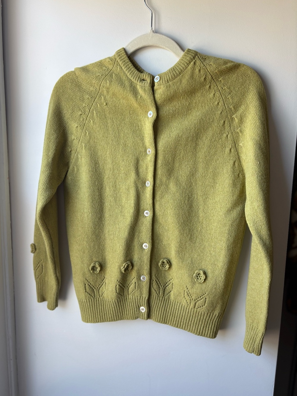 Vintage 1950s Chartreuse Wool Cardigan with Floral Trim